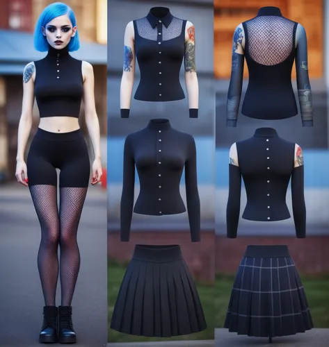 Paper doll goth blue haired girl in black sleeveless shirt ,black tight fit spandex shorts, complete full length fishnet and black boot standing surrounded by with a set of goth fashion clothing, shir