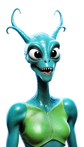 Alien creature, green scaly skin, long neck, big black eyes, sharp teeth, antennae on head, silver metallic limbs, glowing blue markings, futuristic lab background, close-up shot, shallow depth of fie