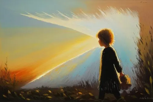 A little girl walks in the dark between slightly tall bushes, she looks further,
A beam of light starts from her face and slowly becomes a bigger and bigger light.,sunburst background,little girl in w