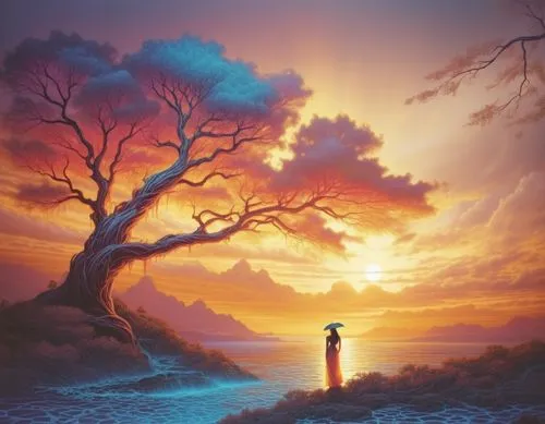 fantasy picture,lone tree,fantasy landscape,lonetree,landscape background,dreamscapes,dreamscape,world digital painting,tree of life,isolated tree,dream world,magic tree,beautiful wallpaper,fantasy art,3d fantasy,dreamland,an island far away landscape,creative background,nature background,imagination,Illustration,Realistic Fantasy,Realistic Fantasy 25