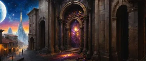 a fantasy scene with the entrance to a large building,hall of the fallen,fantasy picture,prospal,fantasy landscape,conclave,kondos,kharkh,seregil,adelaar,prospera,eberron,temporum,fantasy art,world di