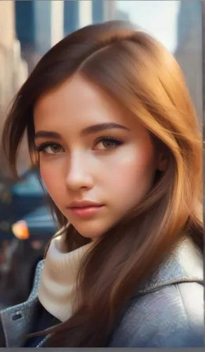 girl in a long,portrait background,blur office background,the girl's face,young woman,photographic background,city ​​portrait,3d background,elphi,cgi,anime 3d,image manipulation,visual effect lighting