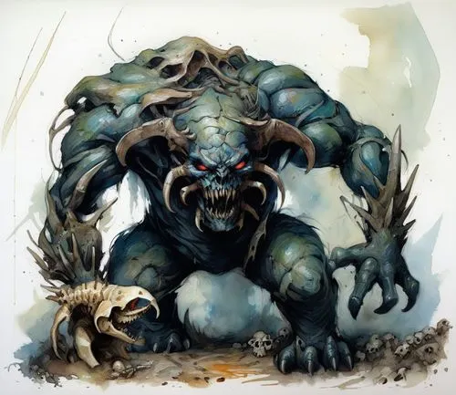 painting of huge bulky demonic creature with hard exoskeleton, standing around a pile of bones,gradimir,rancor,gurgan,proteoglycan,gravemind,helminth,paizo,barghest,barghuti,devourer,bugbear,bugbears,