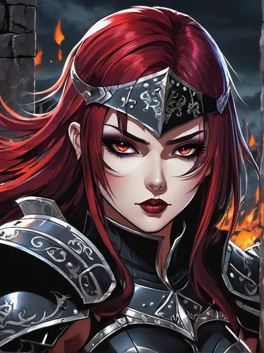 female warrior,massively multiplayer online role-playing game,swordswoman,elza,minerva,fire siren,witch's hat icon,fire background,gara,twitch icon,sterntaler,halloween banner,huntress,game illustration,knight festival,android game,evil woman,kosmea,fire eyes,red-haired,Conceptual Art,Graffiti Art,Graffiti Art 09