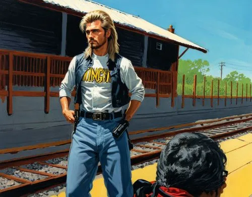 art like a gary frank comic book cover

mullet hair style,there is a man standing by a train station with a gun. Joe Dirt with meteor,layne,logan,struzan,trainmen,mcquary,jasinski,Conceptual Art,Daily