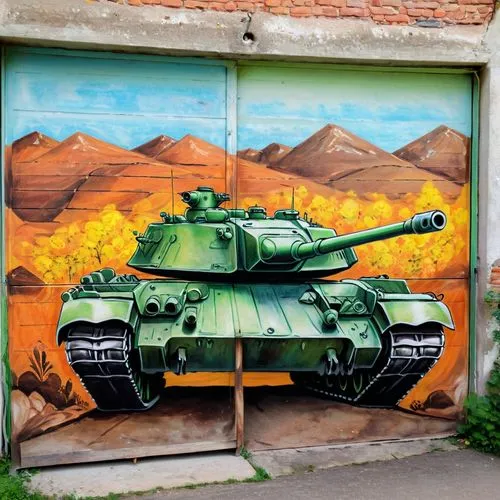 рисунок танка на двери гаража,a graffitied wall with an image of a tank painted on it,tankink,hetzer,shilka,armata,kursk,russian tank,Illustration,Abstract Fantasy,Abstract Fantasy 07