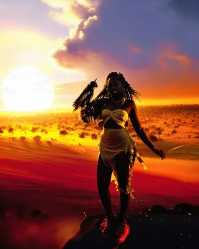 nude Beautiful nigerian girl, full dark curly hair, big dark almond eyes, full red lips, misty sky,the woman is standing on the rock with two hands up,sundancer,sun god,empyrean,silhouette dancer,kame