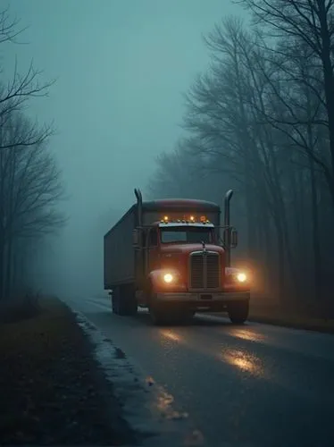 an old truck traveling down a dark road in the fog,an old red truck driving down a misty street,crewdson,truckdriver,abandoned international truck,tractor trailer,trucker,semi