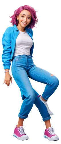 Cartoon style, free pose, vibrant colors, exaggerated features, bright eyes, colorful hair, dynamic gestures, playful smile, casual clothing, ripped jeans, sneakers, relaxed atmosphere, soft focus, wa