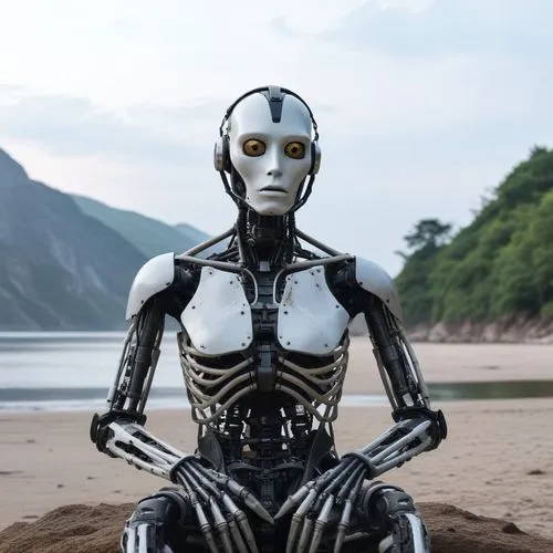 without human
,an alien - like humanoid meditating on the beach next to the sea,robosapien,transhumanism,fembot,robotham,irobot,humanoid