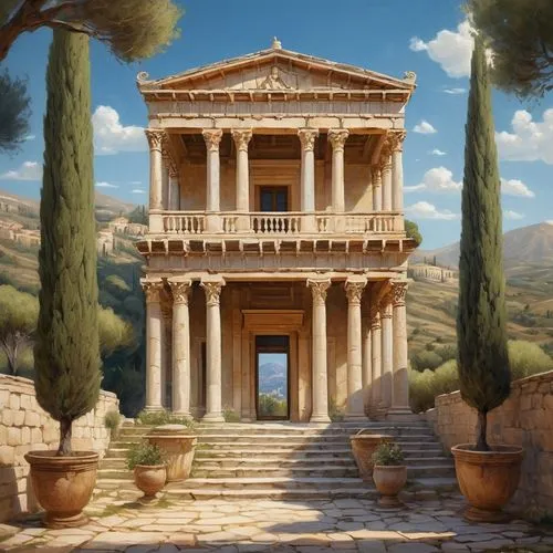 greek temple,house with caryatids,roman temple,temple of diana,celsus library,panagora,ancient house,artemis temple,caelian,palmyra,palatino,apollonia,segesta,celsus,palladian,degania,apolloni,seleucia,beneventum,capitolium,Illustration,Abstract Fantasy,Abstract Fantasy 07