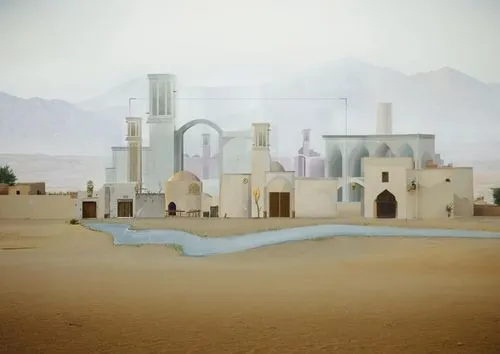 2D animation / Iranian village / Flat / Iranian Islamic architecture / Yazd / Kashan / Cloudy / Dusty / Fog / Sunset,nizwa,qasr al watan,desert landscape,desert desert landscape,king abdullah i mosque