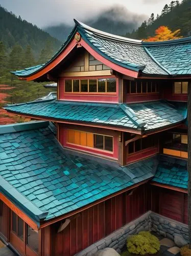 Modern Iko-inspired architectural design, Japanese-style roof, curved shingles, vibrant color scheme, gradient effect, iridescent sheen, turquoise, crimson, amber, golden accents, rustic wooden textur