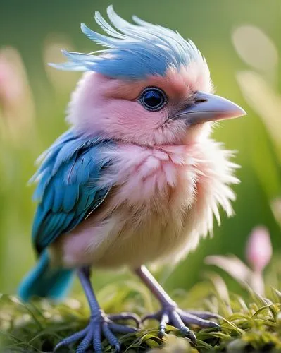 Twitter bird, tweeting, standing, pink beak, blue feathers, round eyes, tiny legs, grass, greenery, sunny day, shallow focus, blurred background, cute composition, pastel colors, soft lighting.,lilac 