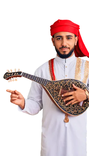 Arabic musician, male, traditional clothing, white thawb, golden embroidery, red fez hat, holding oud, intricate decorations on instrument, detailed fingernails, soft lighting, warm colors, shallow de