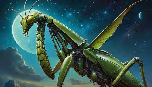 A mixed media Side profile painting of giant mech praying mantis, pop surrealism by Peter Blume, mixed media, dribbling paint effect background,  pop surrealism, mixed media, moon light, illustrator G