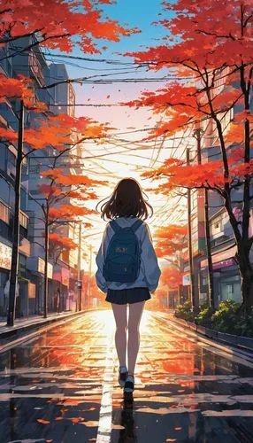 girl walking away,autumn walk,walk,sakura background,japanese sakura background,walking,pedestrian,芦ﾉ湖,one autumn afternoon,autumn sky,going home,stroll,autumn background,sunset,autumn morning,the autumn,world digital painting,sidewalk,setting sun,autumn sun,Illustration,Japanese style,Japanese Style 04