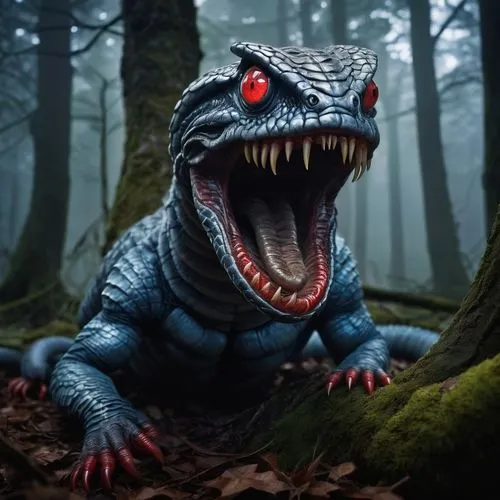 Giant dr-worm, fantasy creature, worm-like body, scaly texture, shimmering silver blue skin, glowing red eyes, sharp teeth, powerful muscles, curled up posture, ancient tree roots, misty forest floor,