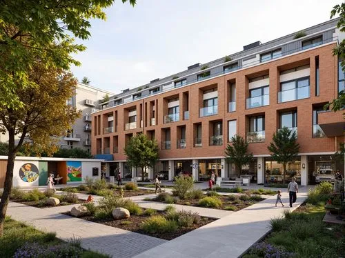 Vibrant community center, modern social housing design, warm brick facade, large windows, green roofs, solar panels, cantilevered balconies, colorful shutters, wooden accents, urban context, bustling 