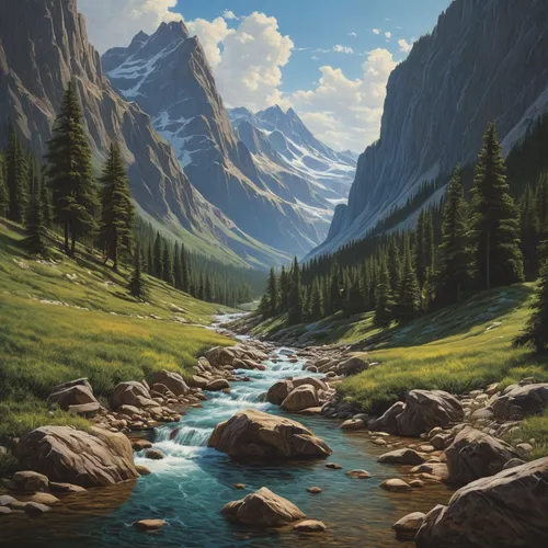 salt meadow landscape,landscape background,mountain landscape,mountain scene,mountainous landscape,mountain stream,river landscape,mountain meadow,mountain spring,world digital painting,mountain river,nature landscape,moraine,mountain valleys,mountain valley,mountains,fantasy landscape,mountain range,mountain pasture,natural landscape,Illustration,Retro,Retro 14