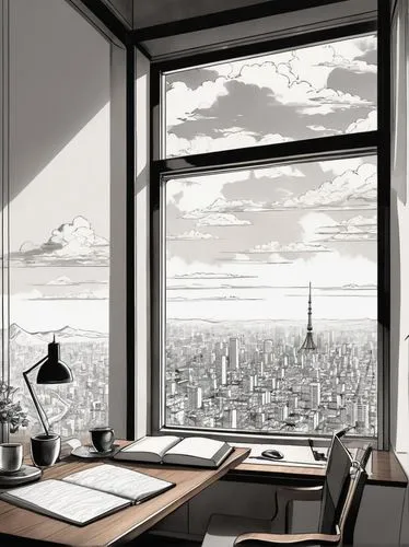 study room,workspace,cityview,schuitema,schuiten,montparnasse,window view,skyscraping,paris clip art,skybox,bureaux,sky apartment,bureau,vistas,office,skylines,working space,cityscapes,classroom,city view,Illustration,Paper based,Paper Based 30