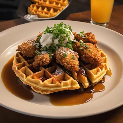 Experience the perfect balance of textures and tastes at Nana's: crispy chicken paired with fluffy, syrup-drenched waffles.,egg waffles,waffles,southwestern united states food,belgian waffle,viennese 