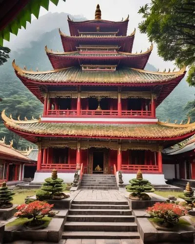 Buddhist temple, intricate carvings, golden decorations, red walls, upturned eaves, incense burners, prayer wheels, lanterns, Bodhi tree, lotus flowers, tranquil atmosphere, misty mountains, serene la