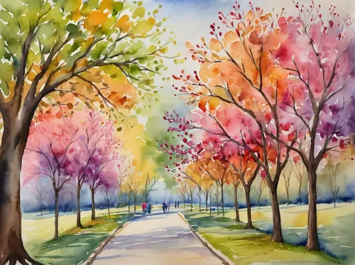 Write a poem about the vibrant colors of blooming trees in a serene park.,watercolor tree,watercolor background,autumn trees,watercolor painting,watercolor leaves,watercolor,trees in the fall,watercol