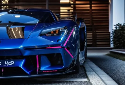 the front end of a blue sports car with pink accents,gumpert,blue monster,endo,bugatti chiron,ford gt 2020,nio,Photography,General,Realistic