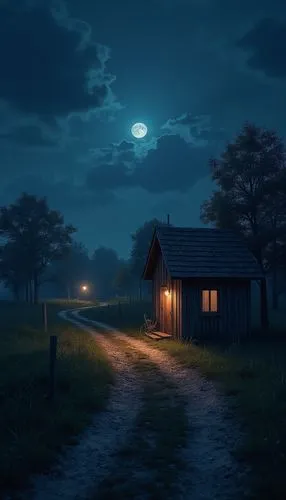 lonely house,night scene,moonlit night,evening atmosphere,little house,small cabin,Photography,General,Realistic