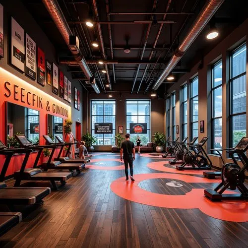 Vibrant fitness club, energetic atmosphere, bold color scheme, motivational quotes, industrial metal equipment, sleek wooden floors, modern LED lighting, dynamic patterns, abstract shapes, high-contra