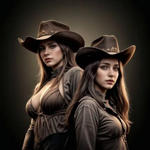 Extender y completar la imagen,cowgirls,wild west,cowboys,sheriff,western,leather hat,western film,western riding,revolvers,country-western dance,witch's hat icon,sisters,cowboy hat,duo,western pleasu