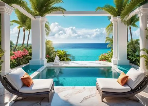 mustique,palmilla,paradisus,cabana,tropical house,amanresorts,holiday villa,caribbean,infinity swimming pool,paradis,the caribbean,palmbeach,pool house,luxury property,cabanas,luxury bathroom,caicos,thalassotherapy,patio furniture,tropical island,Illustration,Realistic Fantasy,Realistic Fantasy 39