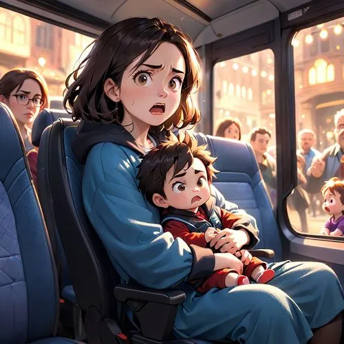 Inside a bus, all the seats are occupied by people. A woman sits in one seat and next to her is a car seat with a baby in it. Next to her stands a woman with an angry face.,train ride,kindertransport,