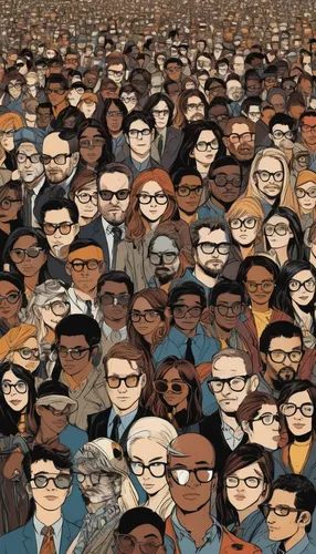 Imagine a bustling city scene where everyone is wearing Warby Parker spectacles, and write a narrative focusing on the diversity and unity they bring.,vector people,crowd of people,crowded,cartoon peo