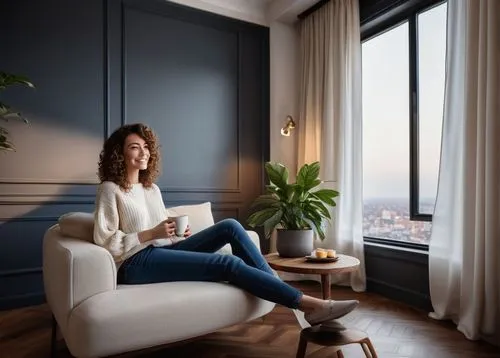 woman drinking coffee,paris balcony,apartment lounge,livingroom,ekornes,smartsuite,woman holding a smartphone,blue room,appartement,apartment,shared apartment,modern room,window sill,sky apartment,an apartment,woman sitting,windowsill,penthouses,modern minimalist lounge,femtocells,Illustration,American Style,American Style 12