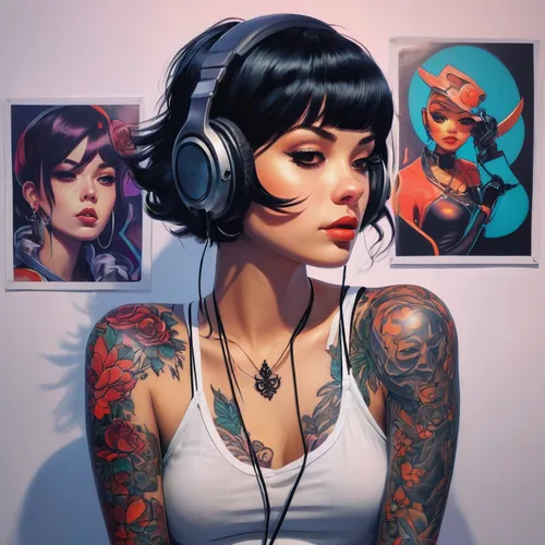 tattoo girl,headphones,headphone,listening to music,fantasy art,music background,headset,streaming,music player,rockabella,audiophile,music,retro girl,artist portrait,girl portrait,fantasy portrait,transistor,wireless headset,headsets,game illustration,Conceptual Art,Fantasy,Fantasy 19