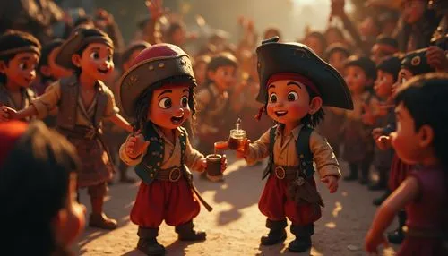 funny pirates makien fun,party, dancing,drinking for kids, cartoon stule in Cinematic Tones, with a focus on storytelling and emotional depth, using warm, earthy shades of bronze and purple to evoke a