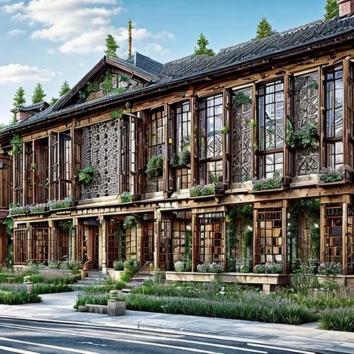 wooden facade,townhouses,wooden houses,french building,bendemeer estates,old factory building,hotel de cluny,art nouveau,the garden society of gothenburg,beautiful buildings,row of windows,wooden wind