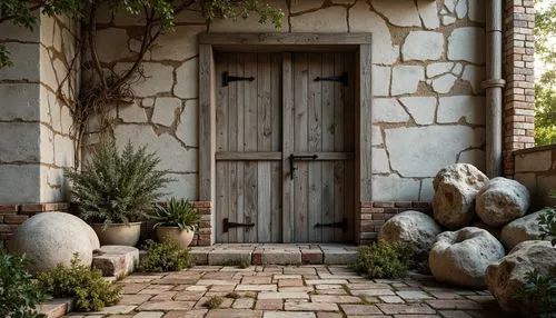 Weathered stone walls, rustic wooden planks, distressed metal panels, rough-hewn brick facades, aged concrete surfaces, peeling paint, worn wood grain, faded color palettes, subtle cracks, natural pat