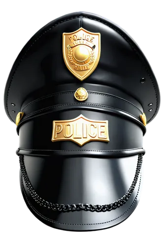 Police officer's hat, black leather, gold badge, shiny surface, curved brim, high crown, worn and aged, detailed stitching, soft lighting, 3/4 composition, transparent background, PNG output.,police h