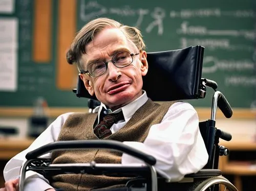 Professor Stephen Hawking, wheelchair, iconic facial expression, glasses, messy brown hair, white shirt, black pants, suspenders, shiny metal wheels, small-sized people (midgets) around, science labor