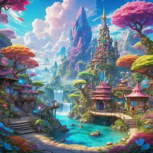 fairy village,fantasy landscape,fairy world,fantasy city,fantasy world,aurora village,3d fantasy,mushroom landscape,fantasy picture,bird kingdom,fairy forest,ancient city,lagoon,dream world,mushroom island,futuristic landscape,oasis,knight village,aqua studio,druid grove,Photography,General,Natural