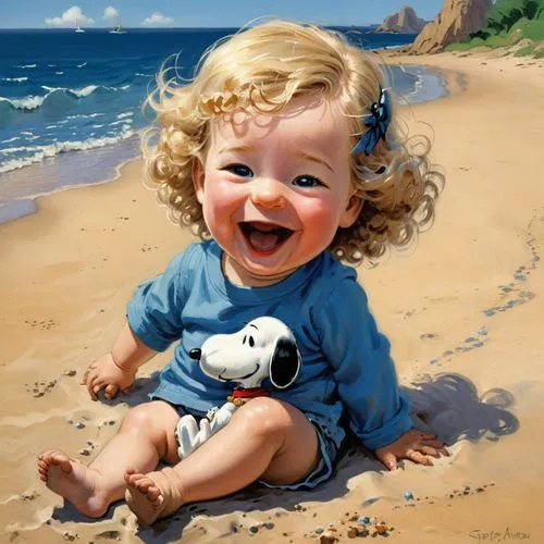 Snoopy, on a sandy beach , sitting near her is a cute baby boy, with curly blond hair, big blue eyes, she is laughing at  Snoopy,baby laughing,oil painting,children's background,oil painting on canvas