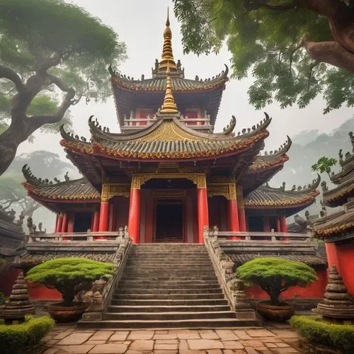 Ancient Buddhist temple, ornate carvings, intricate stone sculptures, vibrant red walls, golden roofs, tiered pagoda, serene courtyard, lush greenery, Bodhi tree, prayer flags, misty morning, warm sun