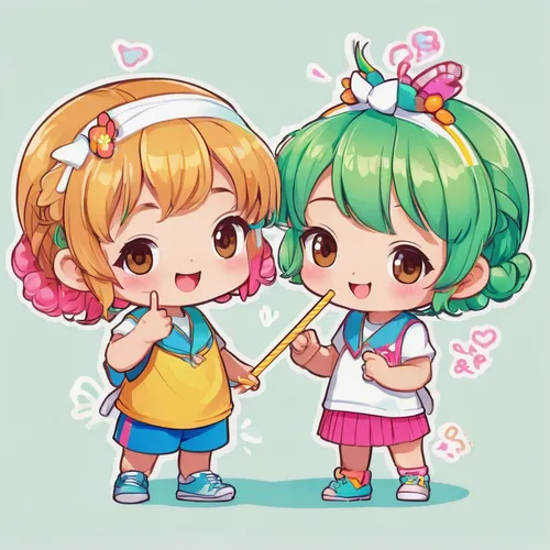 apple pair,chibi kids,chibi children,kawaii children,little boy and girl,clovers,hair clips,heart candies,hiyayakko,hair accessory,boy and girl,hair clip,hold hands,twin flowers,children girls,hairstyles,popsicles,straw hearts,naginatajutsu,holding hands,Illustration,Japanese style,Japanese Style 02