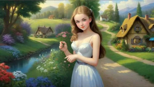 Romantic masterpiece oil painting, cute girl portrait, nostalgic 1950's style kitsch, rolling hills landscape, lush forest village scenery, by Thomas Kinkade, by Bob Ross,girl in the garden,girl in fl