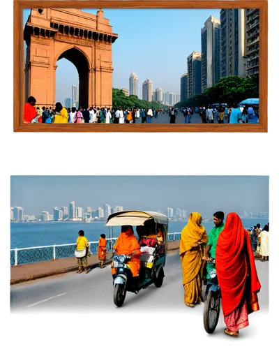 Mumbai cityscape, modern skyscrapers, Gateway of India, Arabian Sea, bustling streets, crowded marketplaces, vibrant street food stalls, colorful traditional clothing, Indian women in saris, men in ku