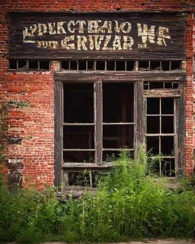 Abandoned Peoria Architectural Salvage, Peoria IL, old rustic building, worn brick walls, broken windows, vintage doors, distressed wooden beams, rusty metal decorations, overgrown weeds, faded signs,