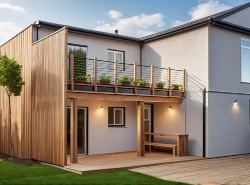 back deck with plant pots off of the back of a house,a house with wooden deck and two story balcony,weatherboards,landscape design sydney,garden design sydney,weatherboard,wooden decking,landscape des